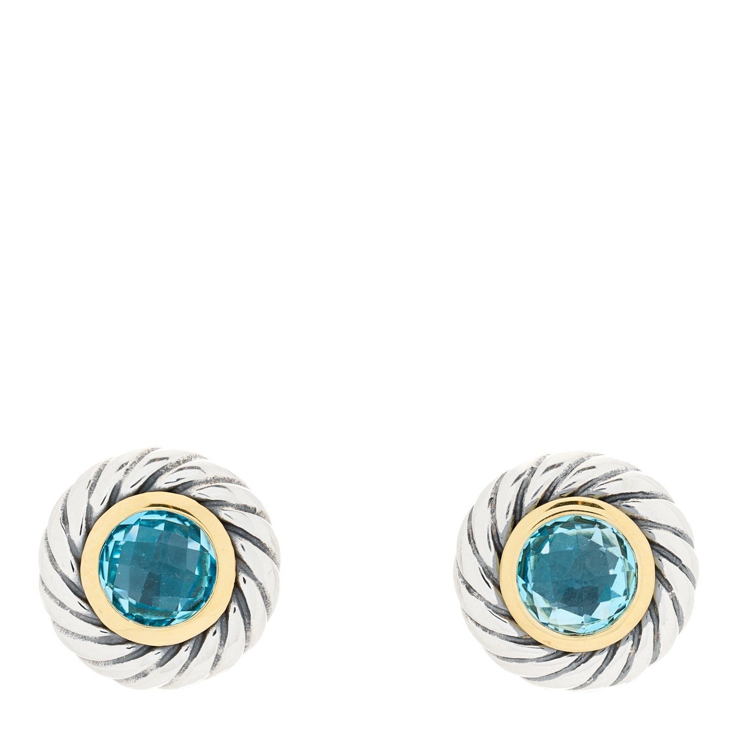 David Yurman Sterling Silver 18K Yellow Gold Blue Topaz Cookie Cable Earrings 1 of 3