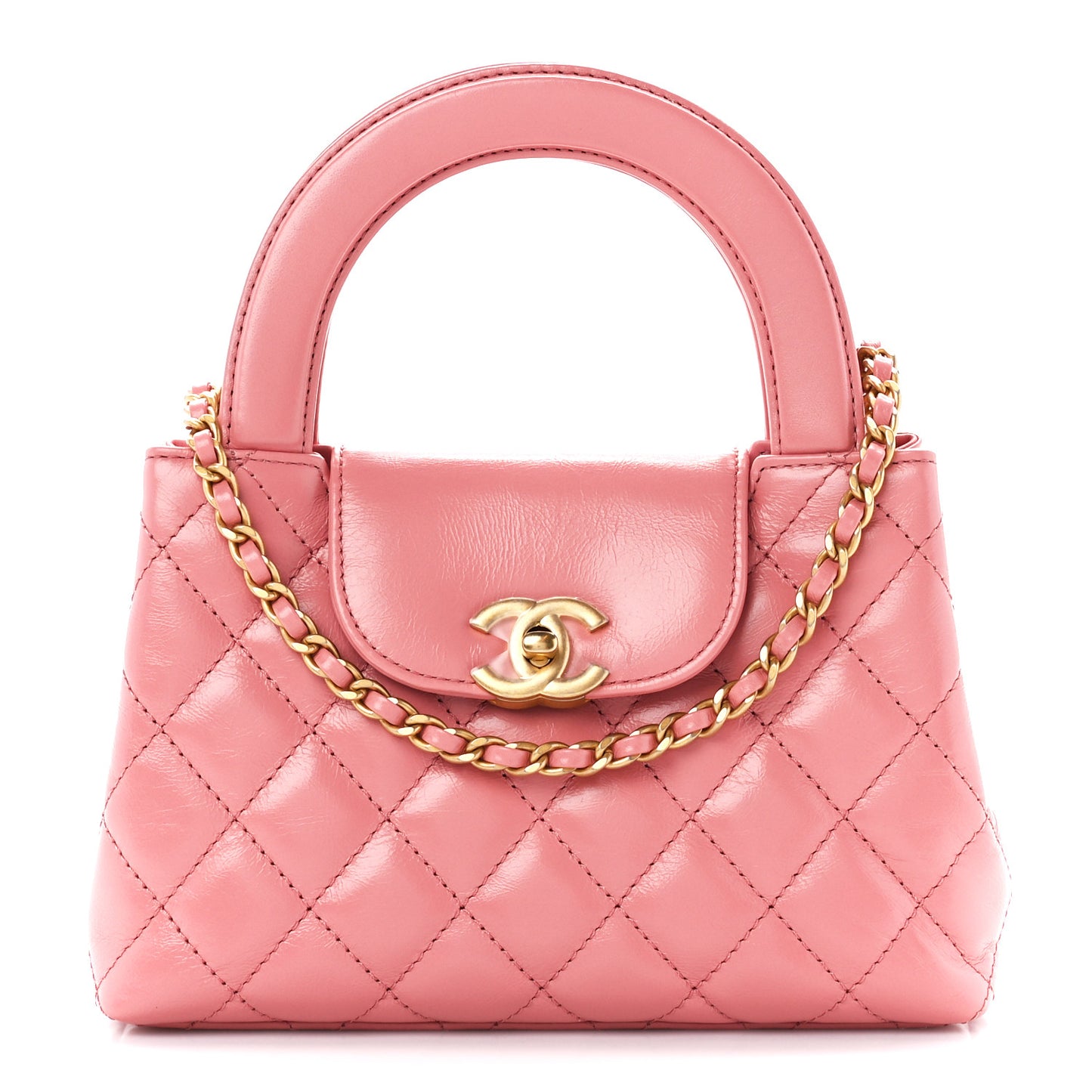 Shiny Aged Calfskin Quilted Nano Kelly Shopper Coral Pink