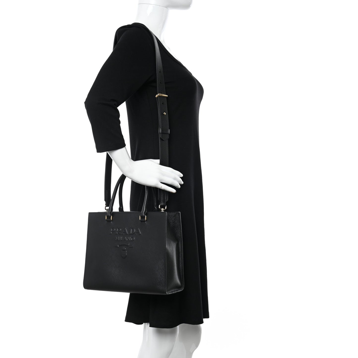 Saffiano Lux Logo Embossed Medium Shoulder Tote Handbag Black