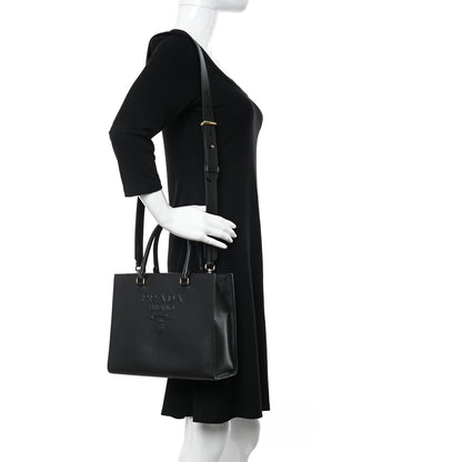 Prada Saffiano Lux Logo Embossed Medium Shoulder Tote Handbag Black 2 of 11