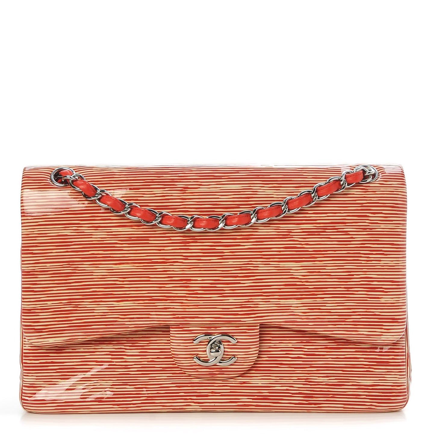 Patent Calfskin Striped Jumbo Double Flap Red