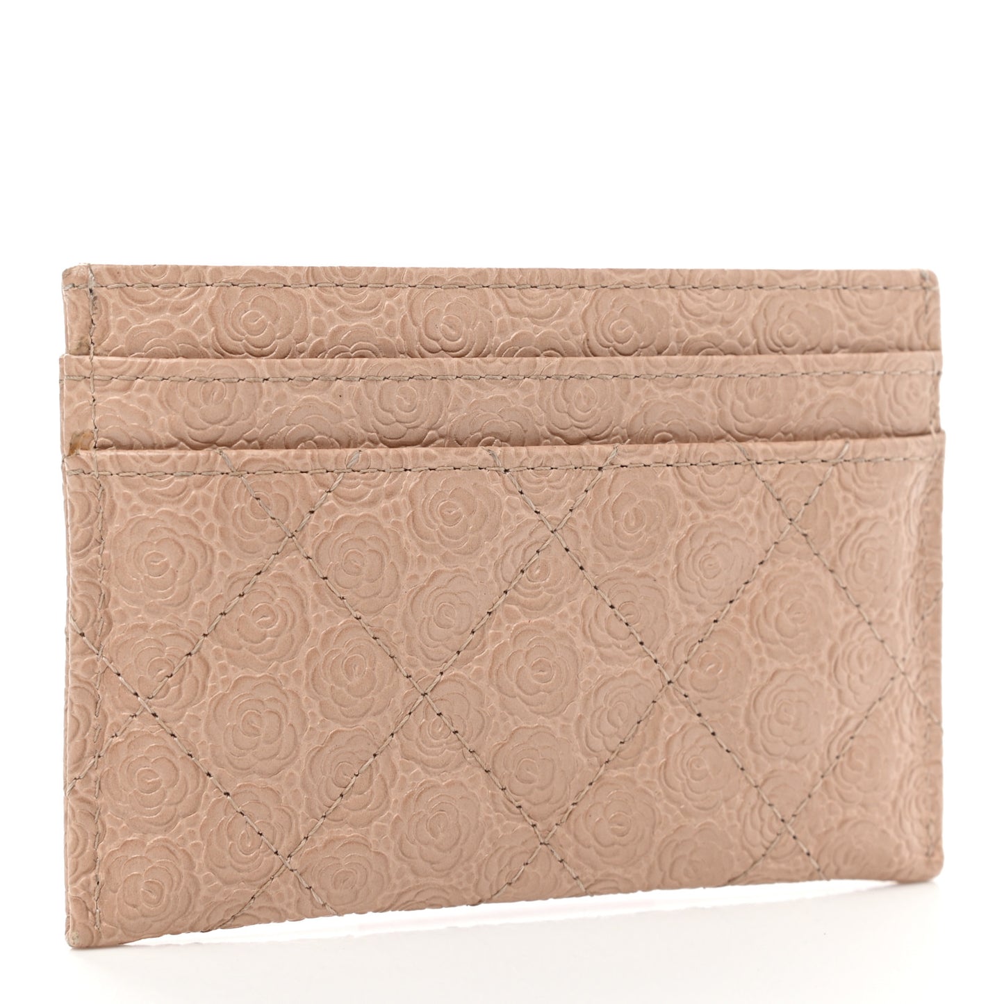 Camellia Calfskin Embossed Quilted Card Holder Beige
