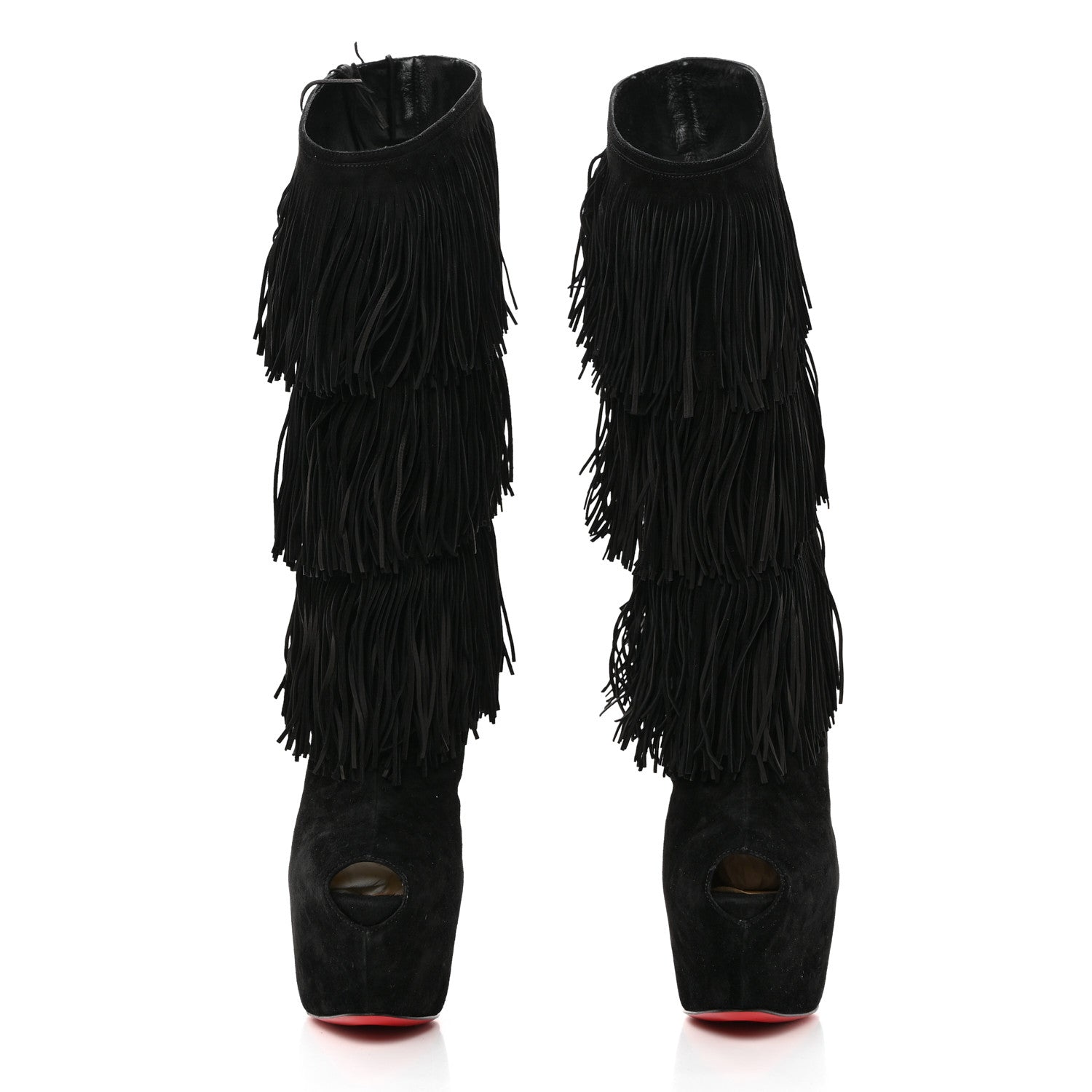 Christian Louboutin Suede Highness Tina Fringe Platform Peep Toe Boots 37.5 Black 2 of 8
