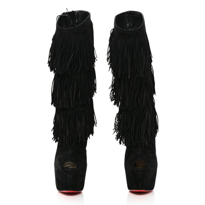 Christian Louboutin Suede Highness Tina Fringe Platform Peep Toe Boots 37.5 Black 2 of 8