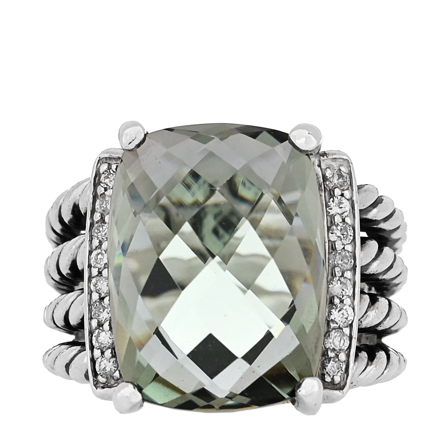 David Yurman Sterling Silver Diamond Prasiolite 16mm Wheaton Ring 53 6.25 1 of 5