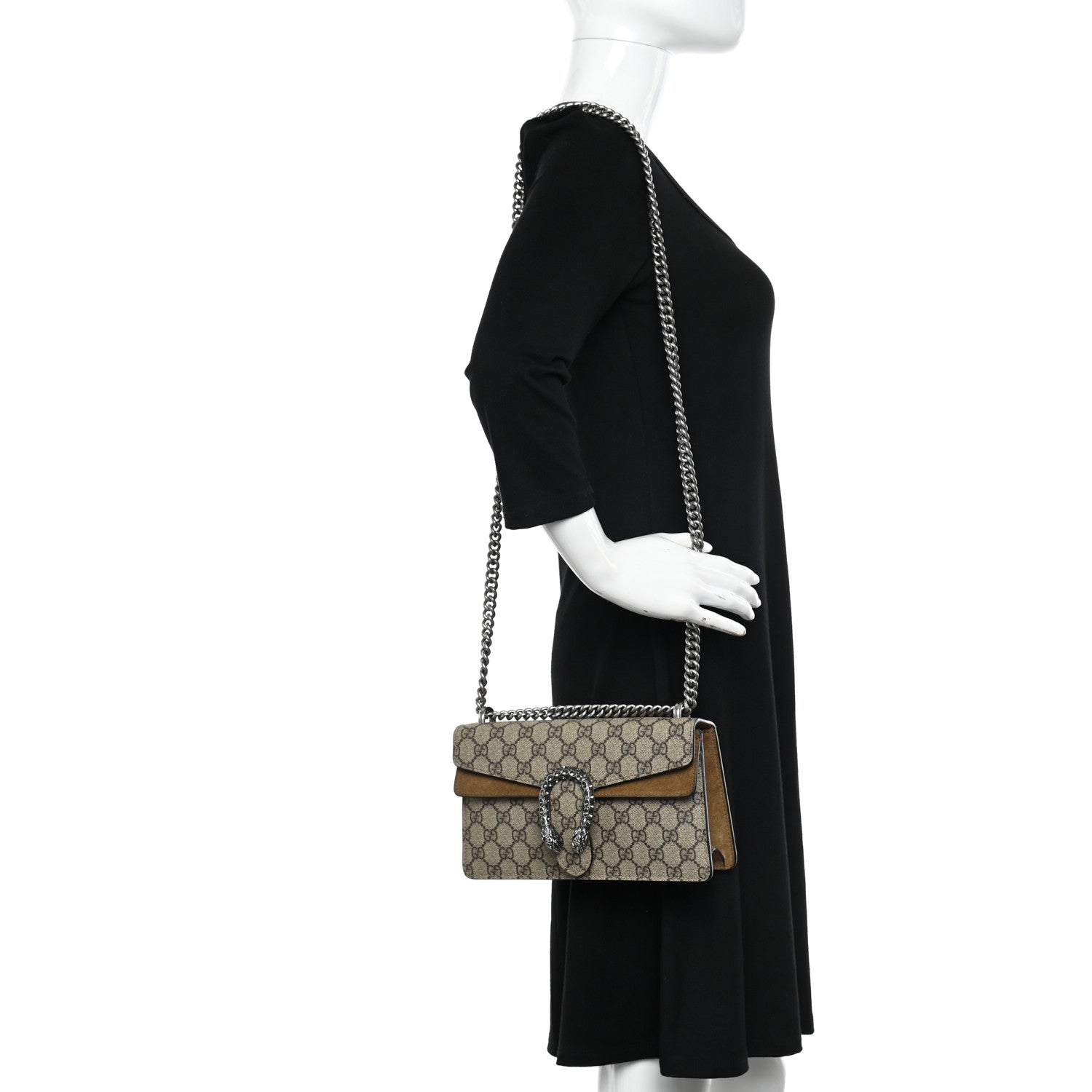 Gucci GG Supreme Monogram Suede Crystal Small Dionysus Shoulder Bag Beige Ebony Taupe 2 of 12