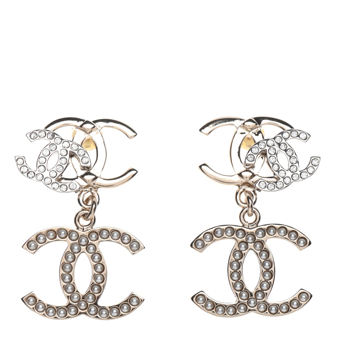 Crystal Pearl CC Drop Earrings Gold