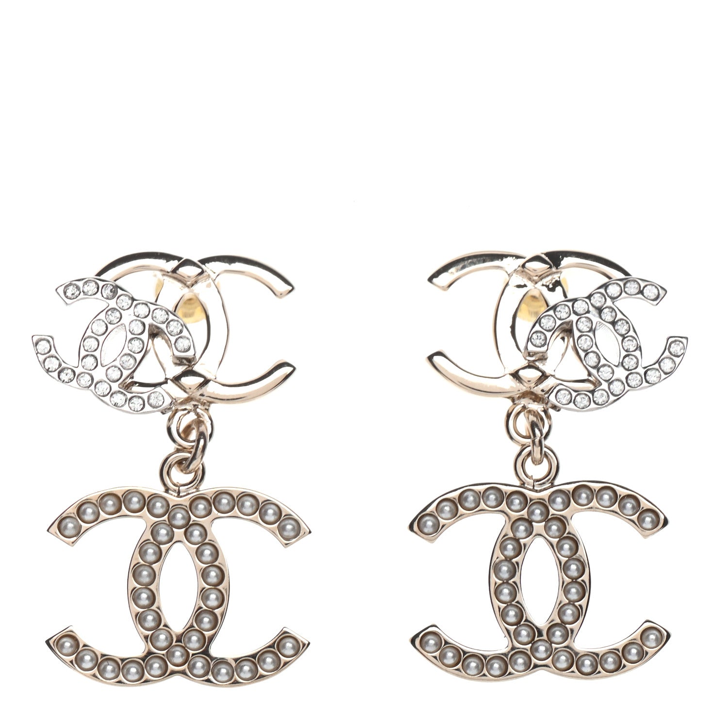Chanel Crystal Pearl CC Drop Earrings Gold 1 of 4
