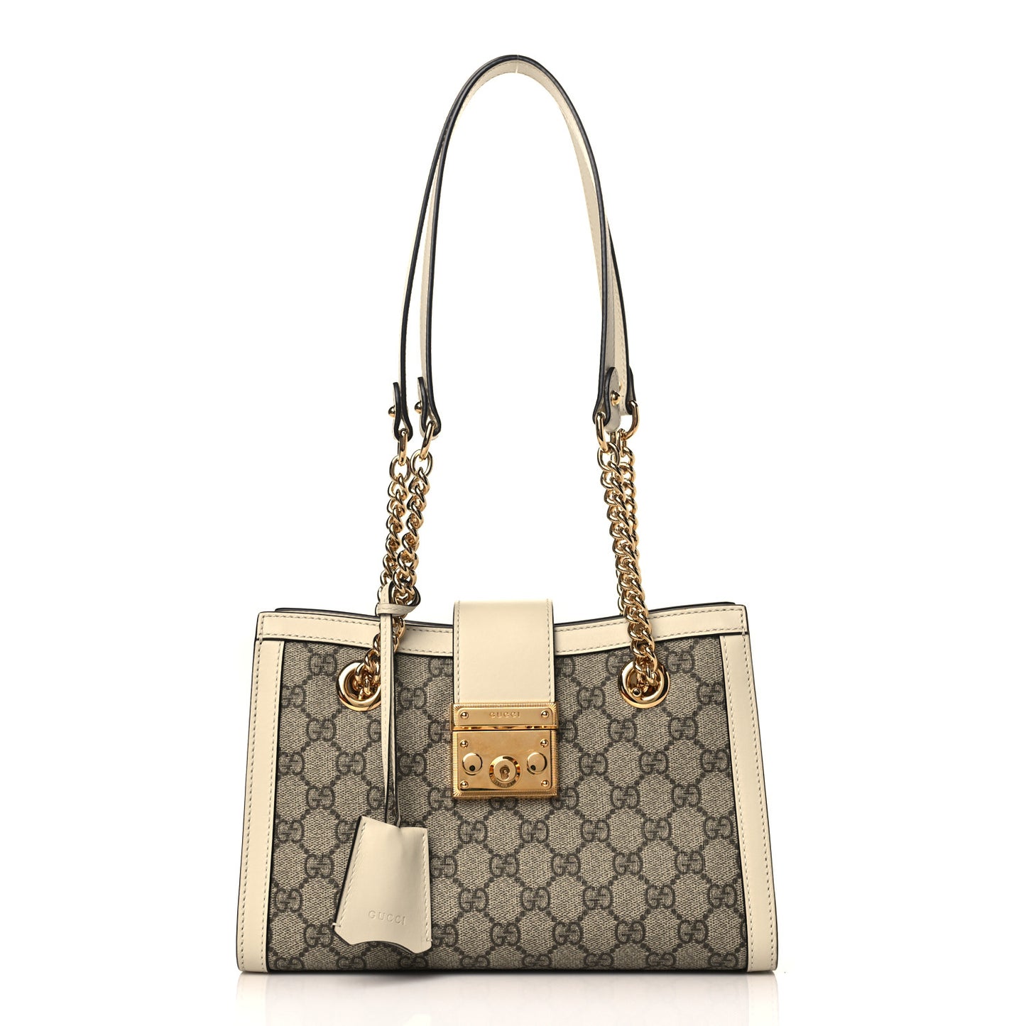 GG Supreme Monogram Moon Calfskin Small Padlock Tote Beige Ebony Mystic White