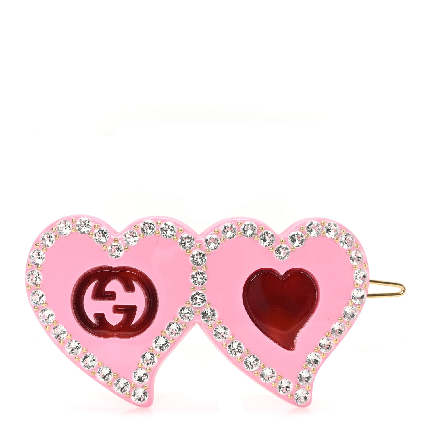 Gucci Resin Crystal Embellished GG Double Heart Hair Clip Pink