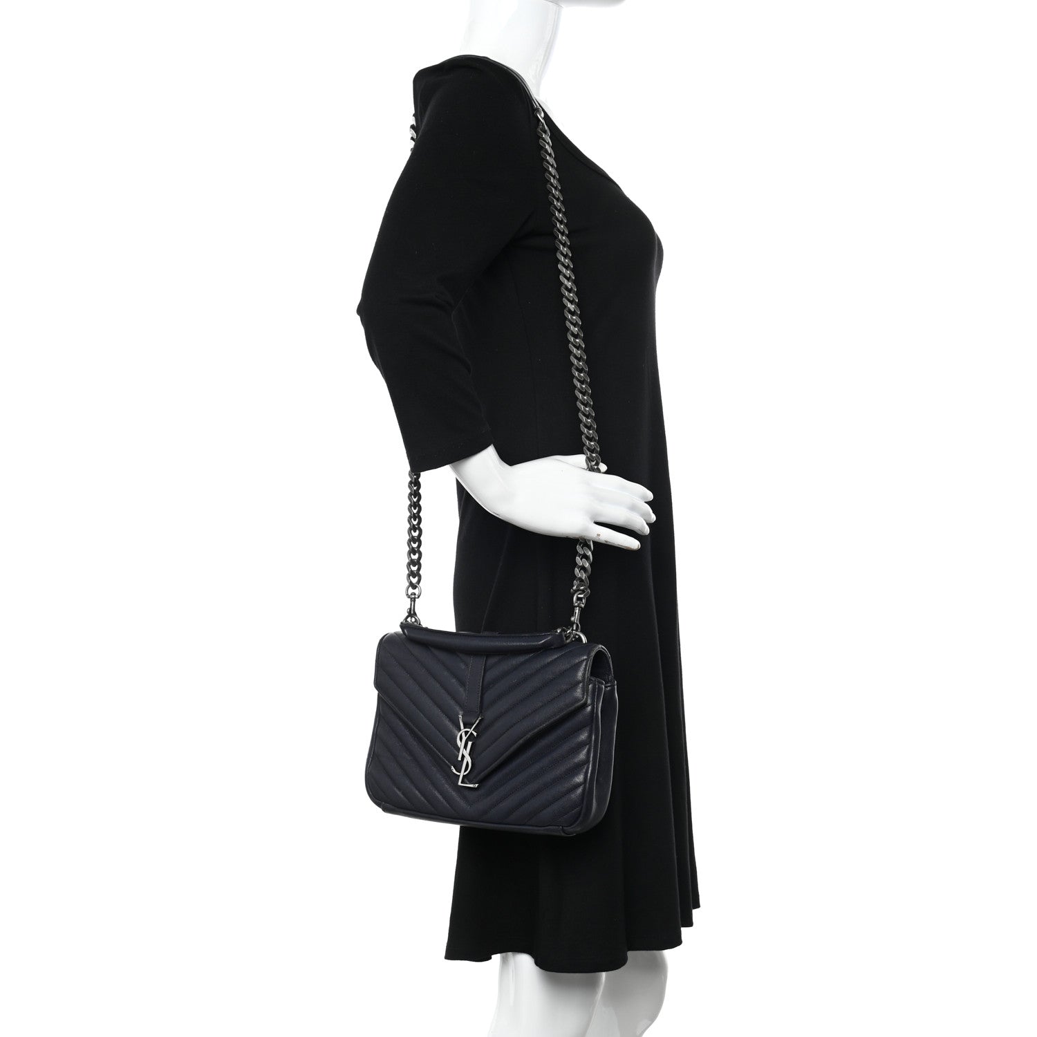Saint Laurent Sheepskin Matelasse Chevron Monogram Medium College Bag Deep Marine 2 of 13
