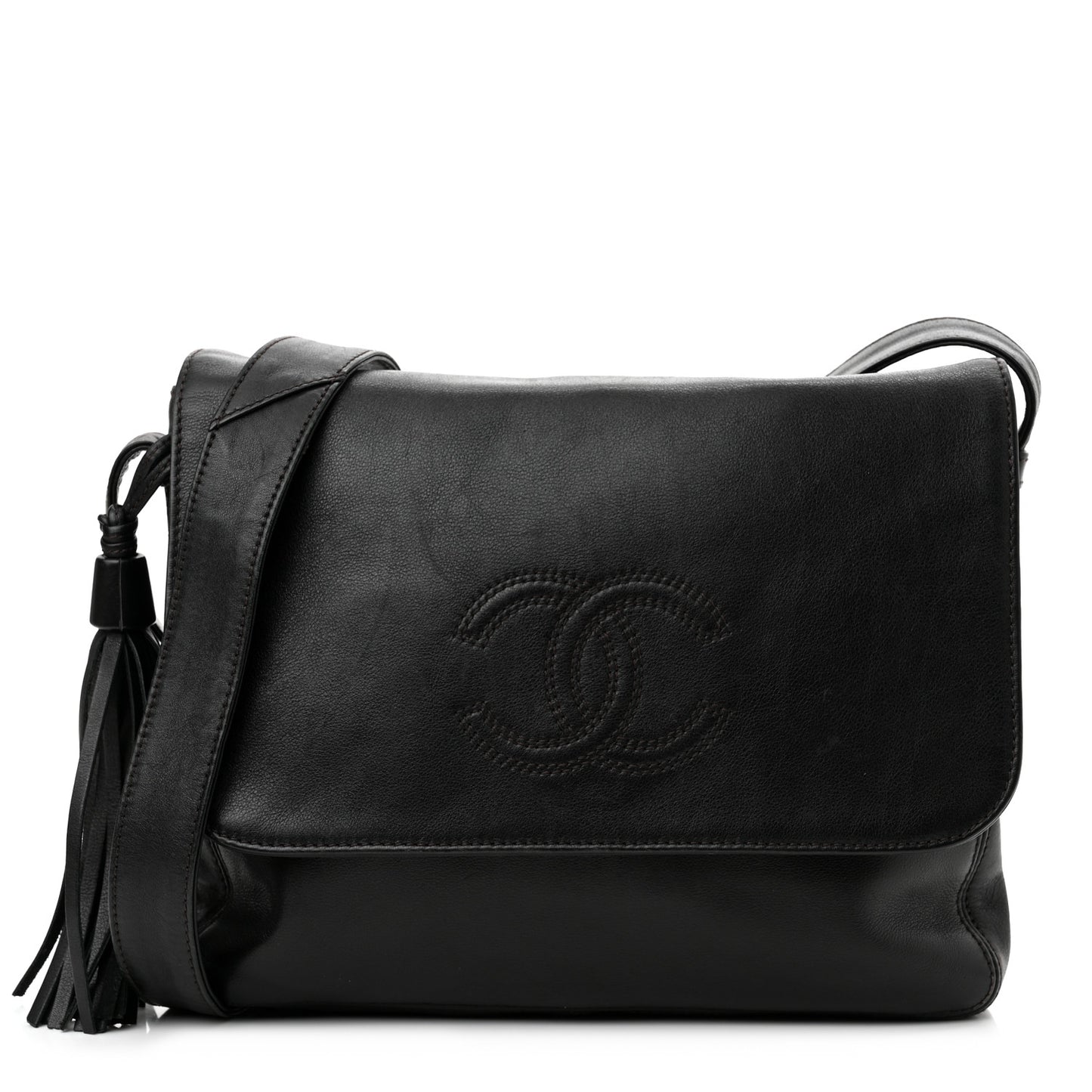 Lambskin CC Tassel Shoulder Flap Bag Black