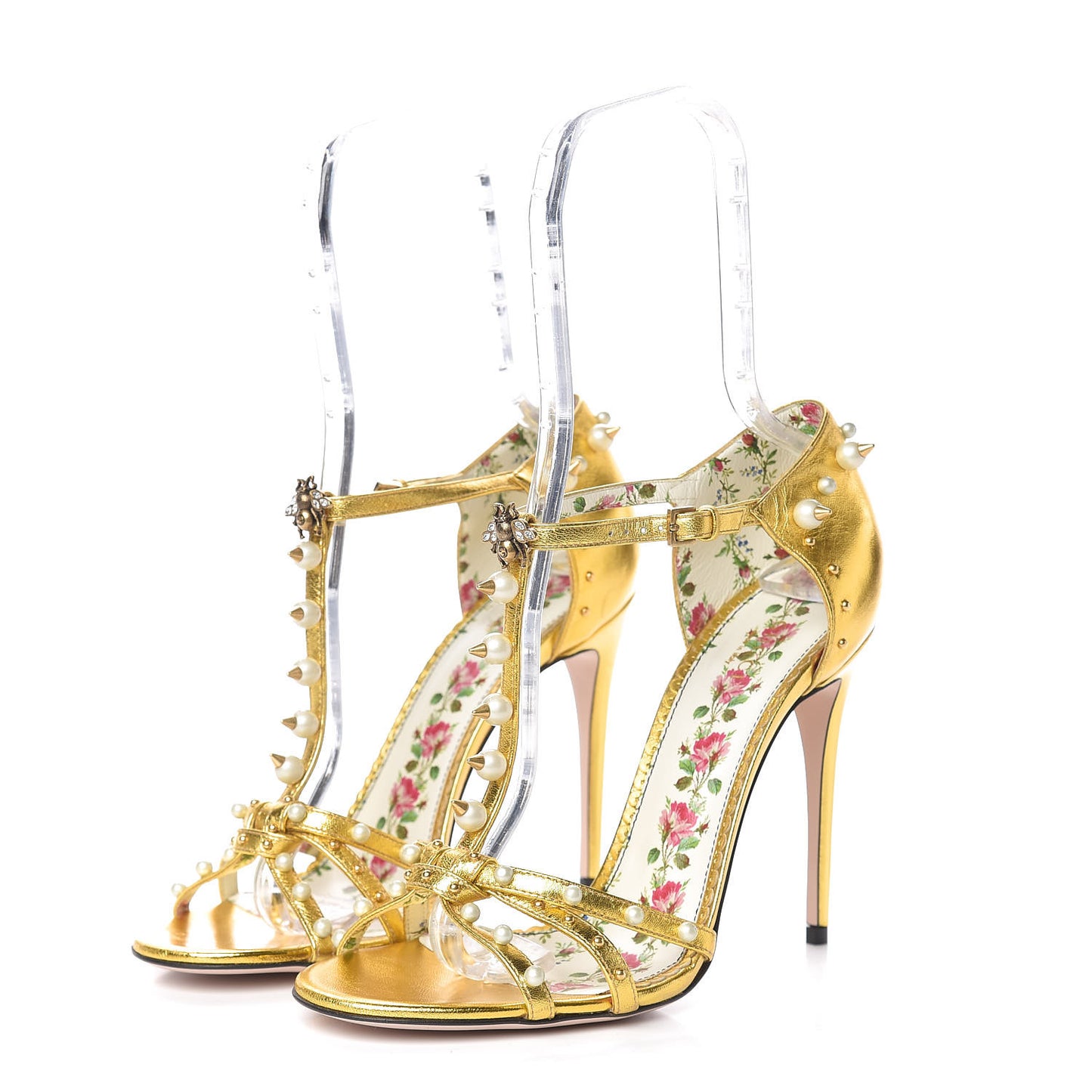Metallic Nappa Silk Pearl Studded Regina T-Strap High Heel Sandals 40 Oro Vecchio
