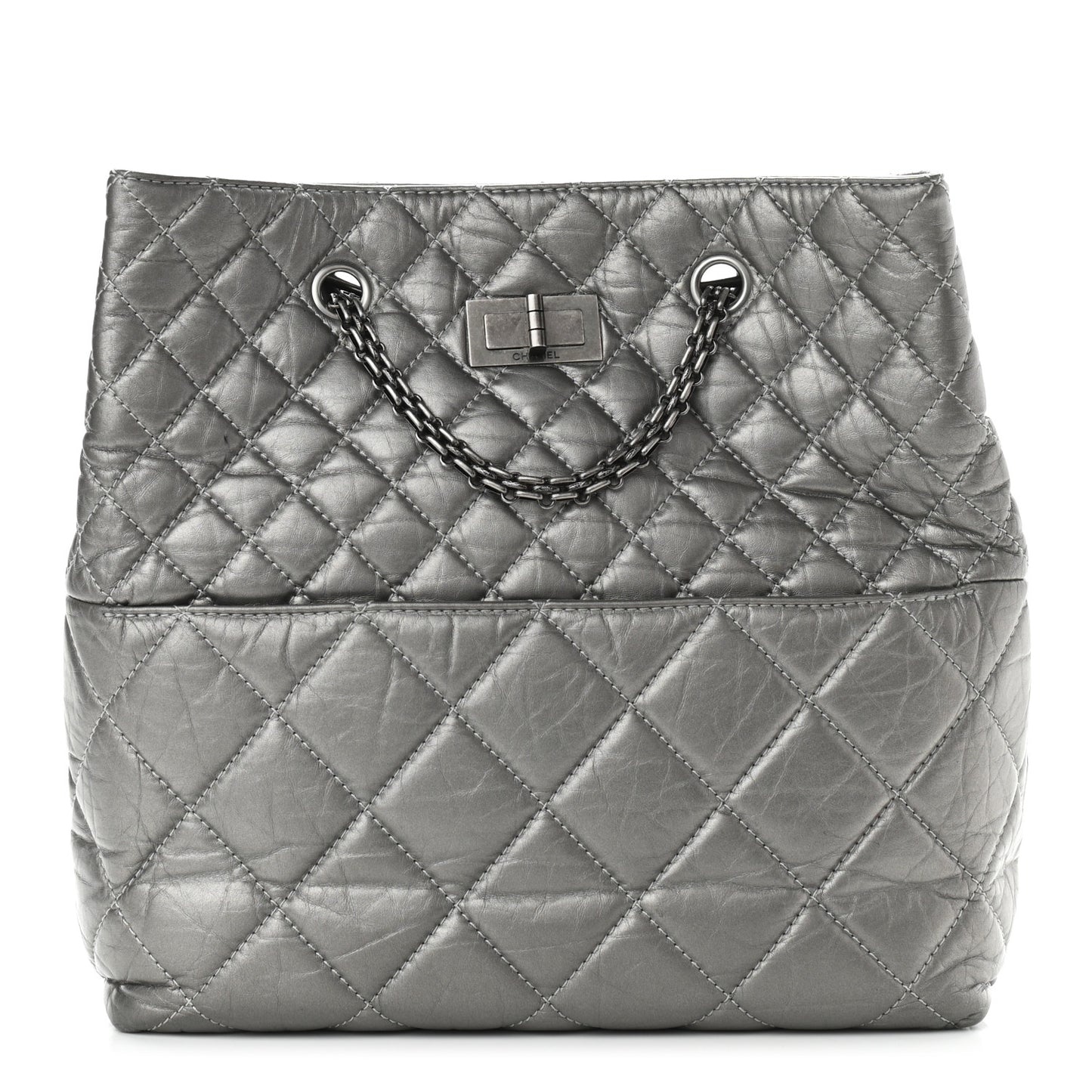 Metallic Aged Calfskin Quilted Reissue 2.55 Tote Dark Grey