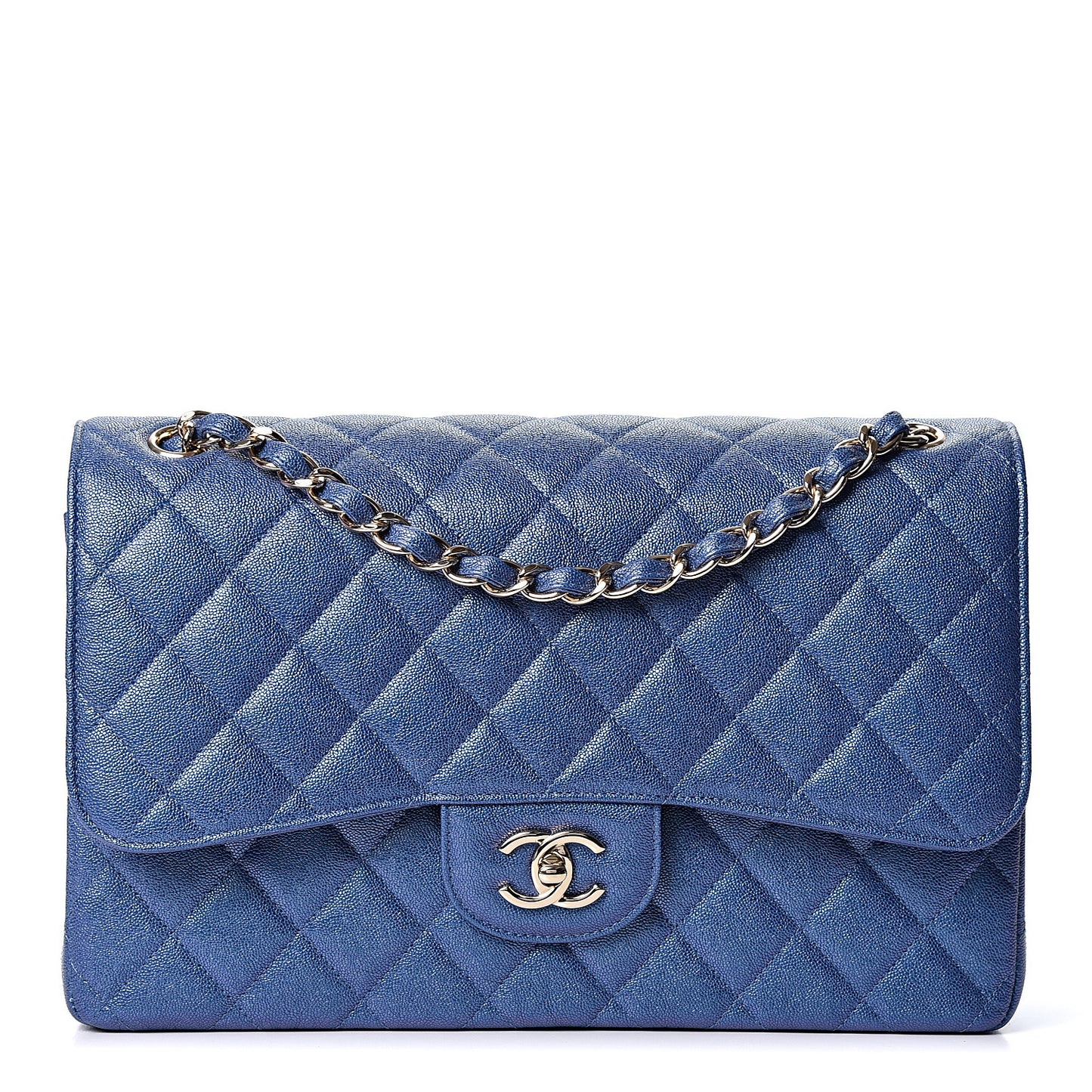 Iridescent Caviar Quilted Jumbo Double Flap Dark Blue