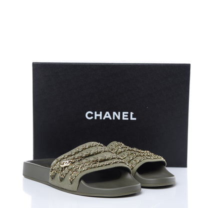 Chanel Canvas Chain Flat Sandals 40 Khaki 8 of 9