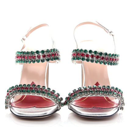 Gucci Nappa Silk Crystal Bertie High Heel Sandals 37 Argento 2 of 9