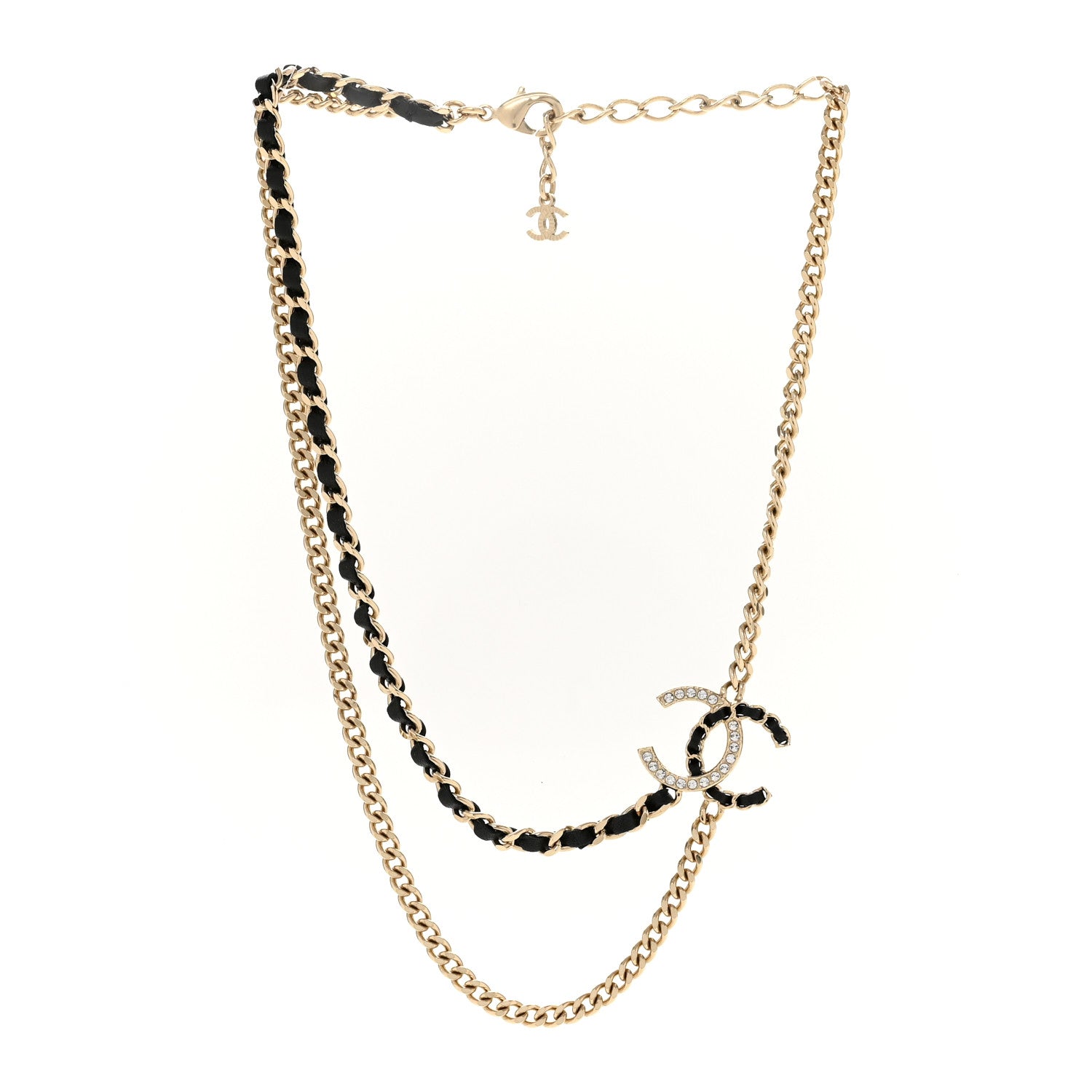 Chanel Metal Calfskin Crystal CC Chain Necklace Black Gold 3 of 7