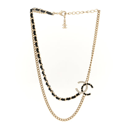 Chanel Metal Calfskin Crystal CC Chain Necklace Black Gold 3 of 7