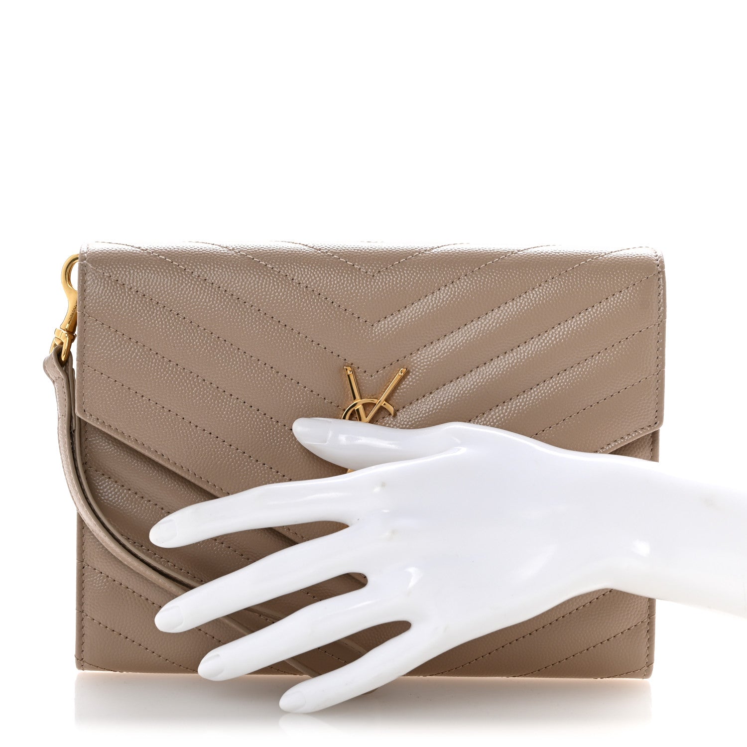 Saint Laurent Grain De Poudre Matelasse Chevron Monogram Envelope Clutch Dark Beige 2 of 12