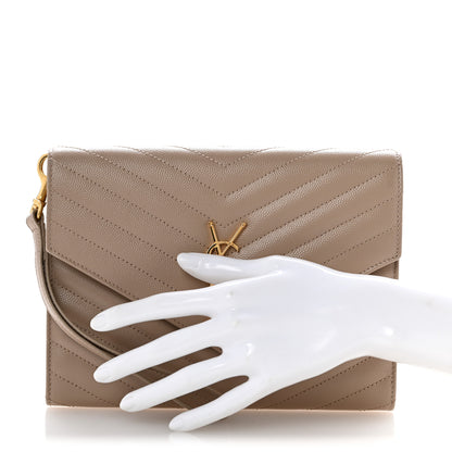 Saint Laurent Grain De Poudre Matelasse Chevron Monogram Envelope Clutch Dark Beige 2 of 12