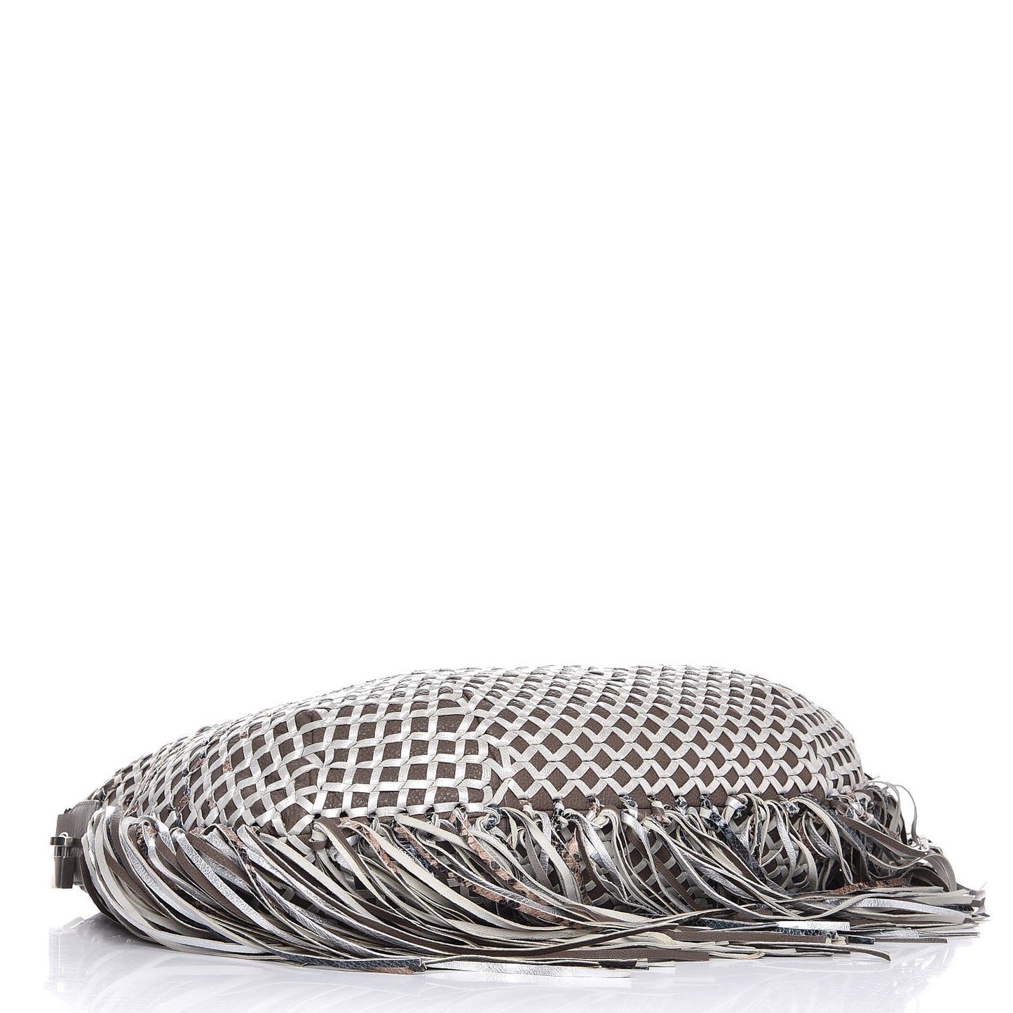 Calfskin Woven Large Boho Fringe Hobo Brown Grey