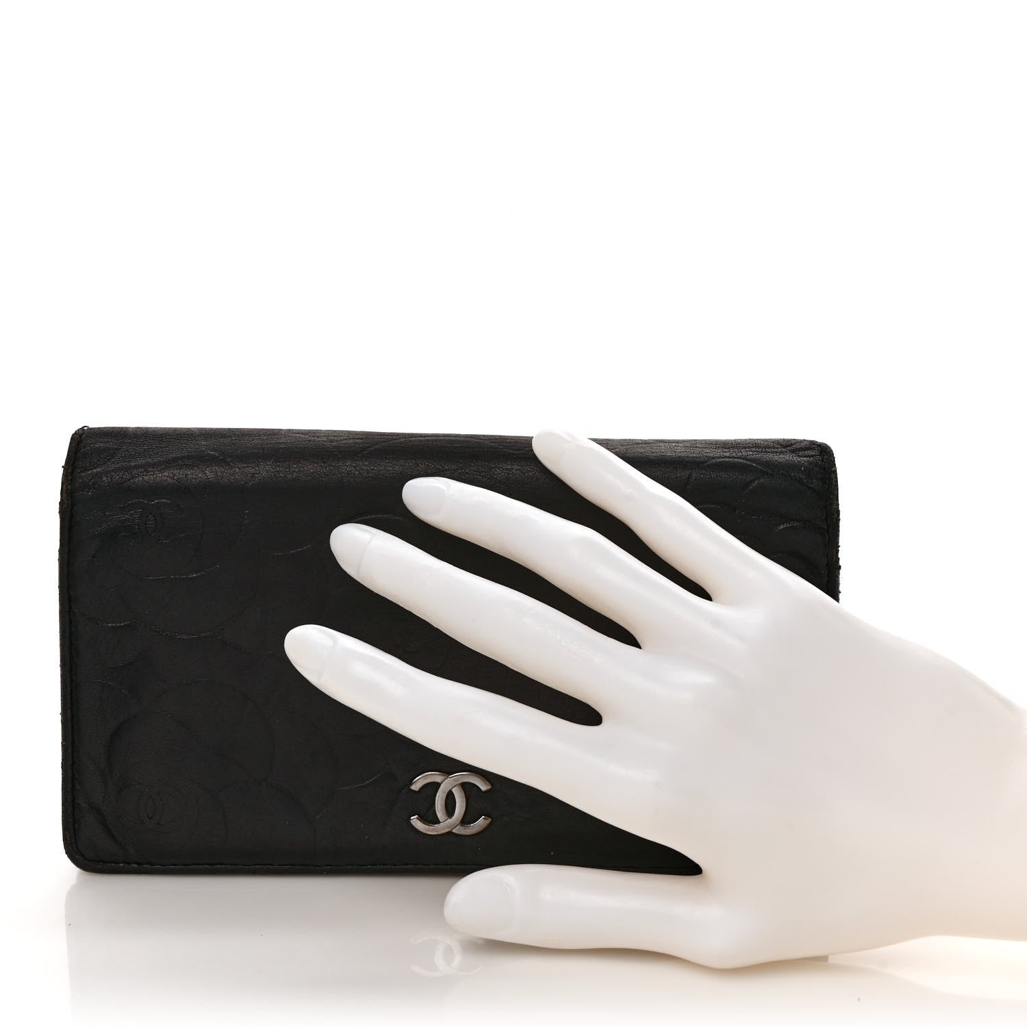 Chanel Lambskin Camellia Embossed Yen Wallet Black 2 of 12