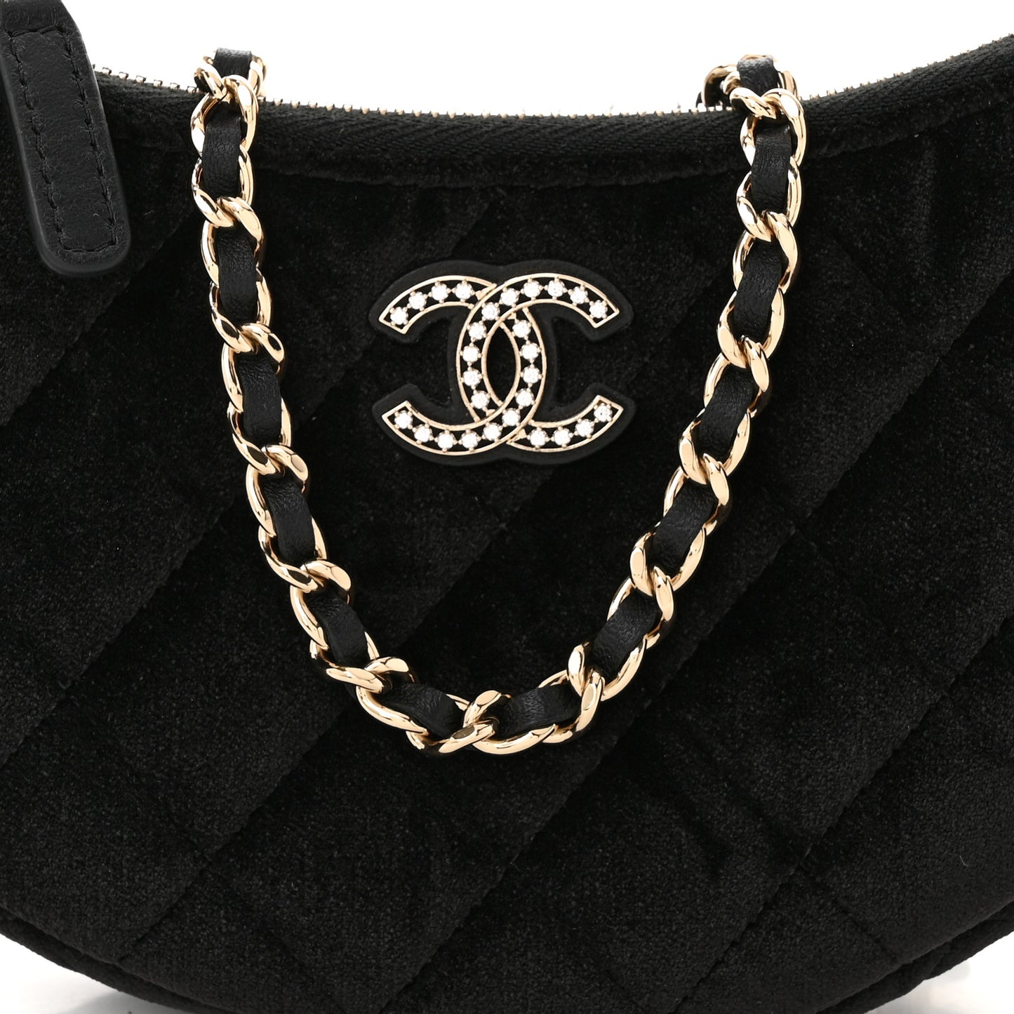 Velvet Crystal Quilted Chain Hobo Black