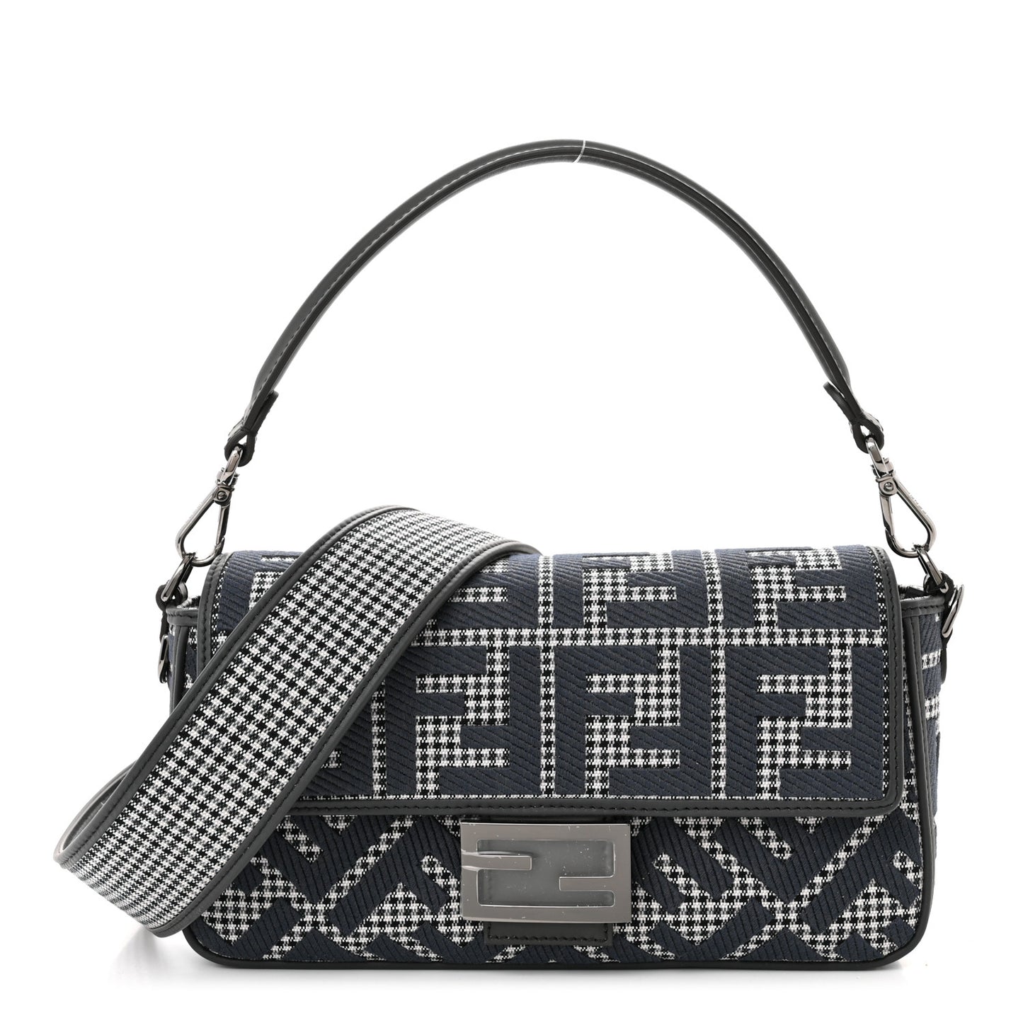 Wool Vitello King Houndstooth FF Embroidered Baguette Grigio Anthracite