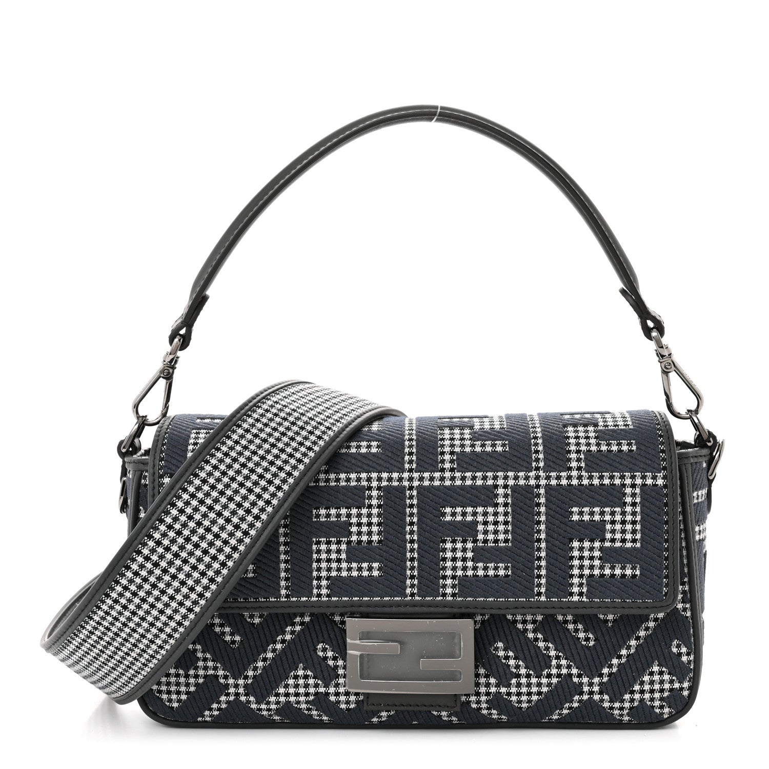 Fendi Wool Vitello King Houndstooth FF Embroidered Baguette Grigio Anthracite 1 of 10