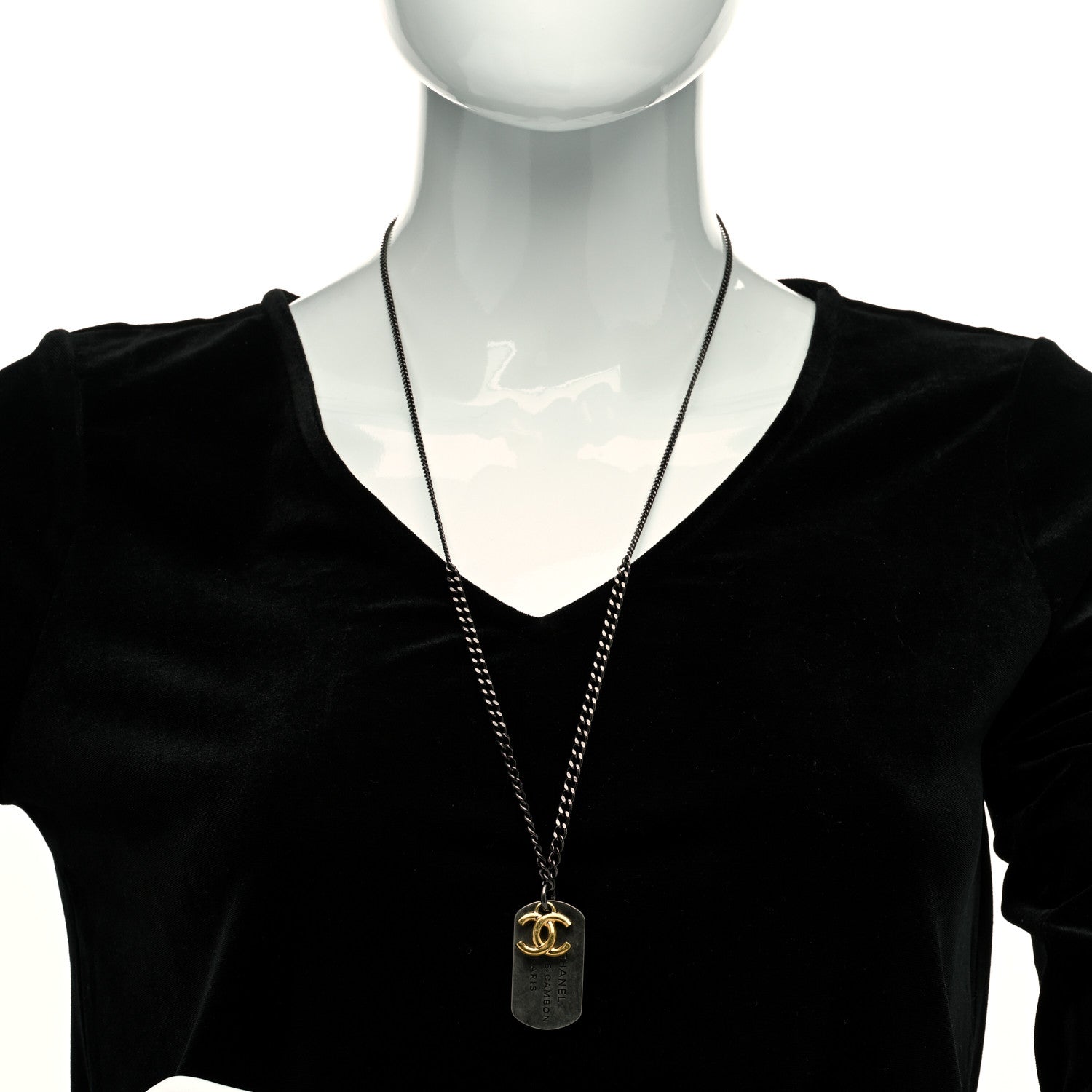 Chanel Ruthenium ID Dog Tag Charm Necklace Silver Gold 2 of 4