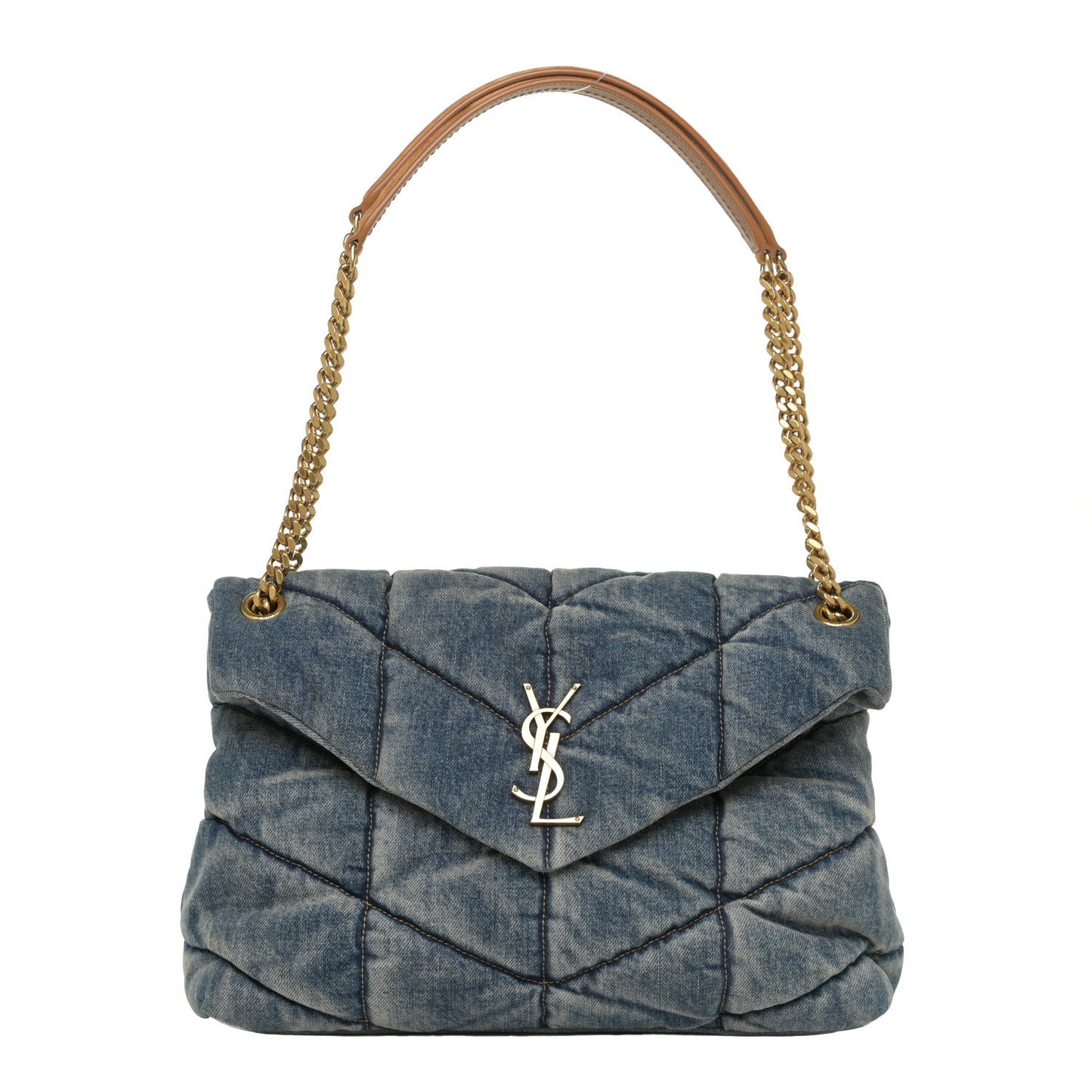 Denim Quilted Medium Loulou Puffer Monogram Chain Satchel Blue Cinnamon