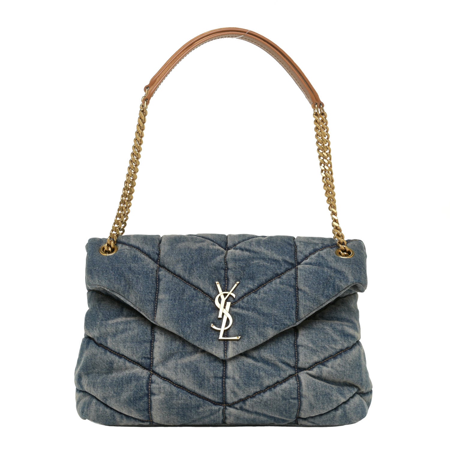 Saint Laurent Denim Quilted Medium Loulou Puffer Monogram Chain Satchel Blue Cinnamon 1 of 18