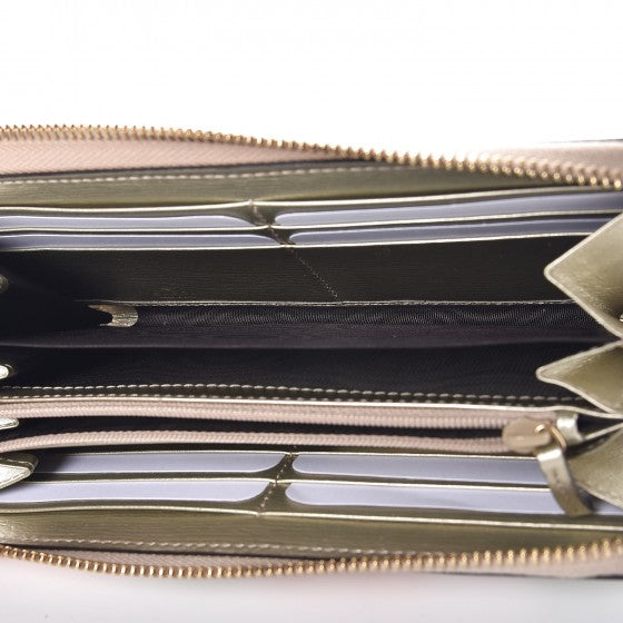Metallic Shangai Calfskin Blooms Print Zip Around Wallet Gold Multicolor