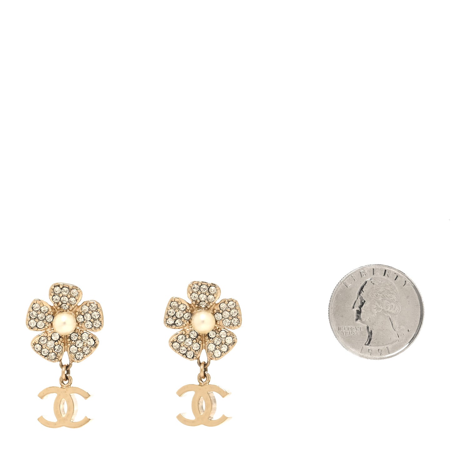 Metal Pearl Crystal CC Flower Drop Earrings Gold White