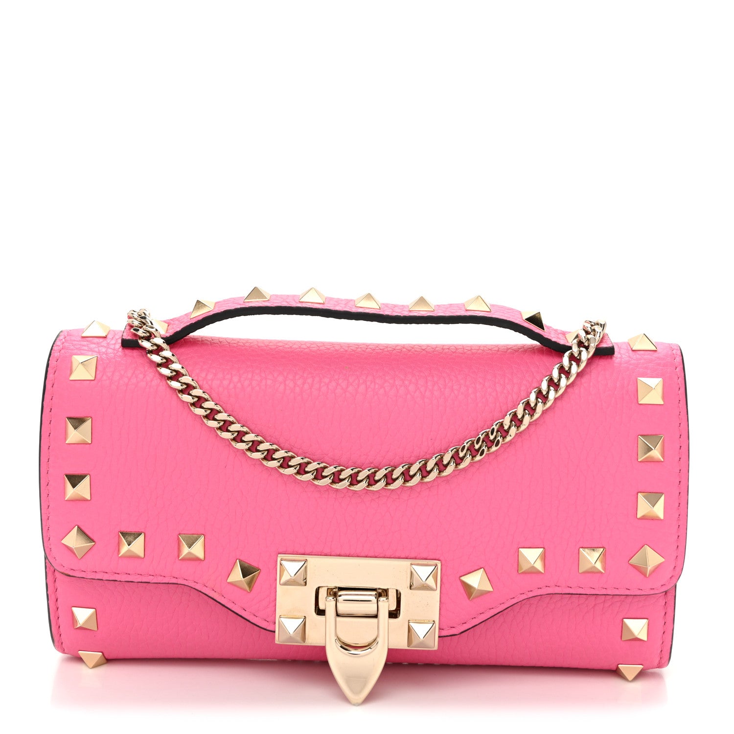 Valentino Garavani Pebbled Calfskin Rockstud Flip Lock Wallet On Chain Feminine Pink 1 of 9