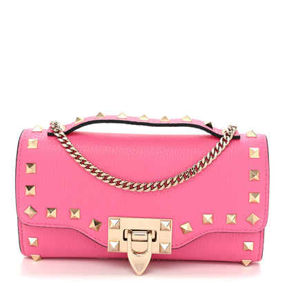 Valentino Garavani Pebbled Calfskin Rockstud Flip Lock Wallet On Chain Feminine Pink 1 of 9