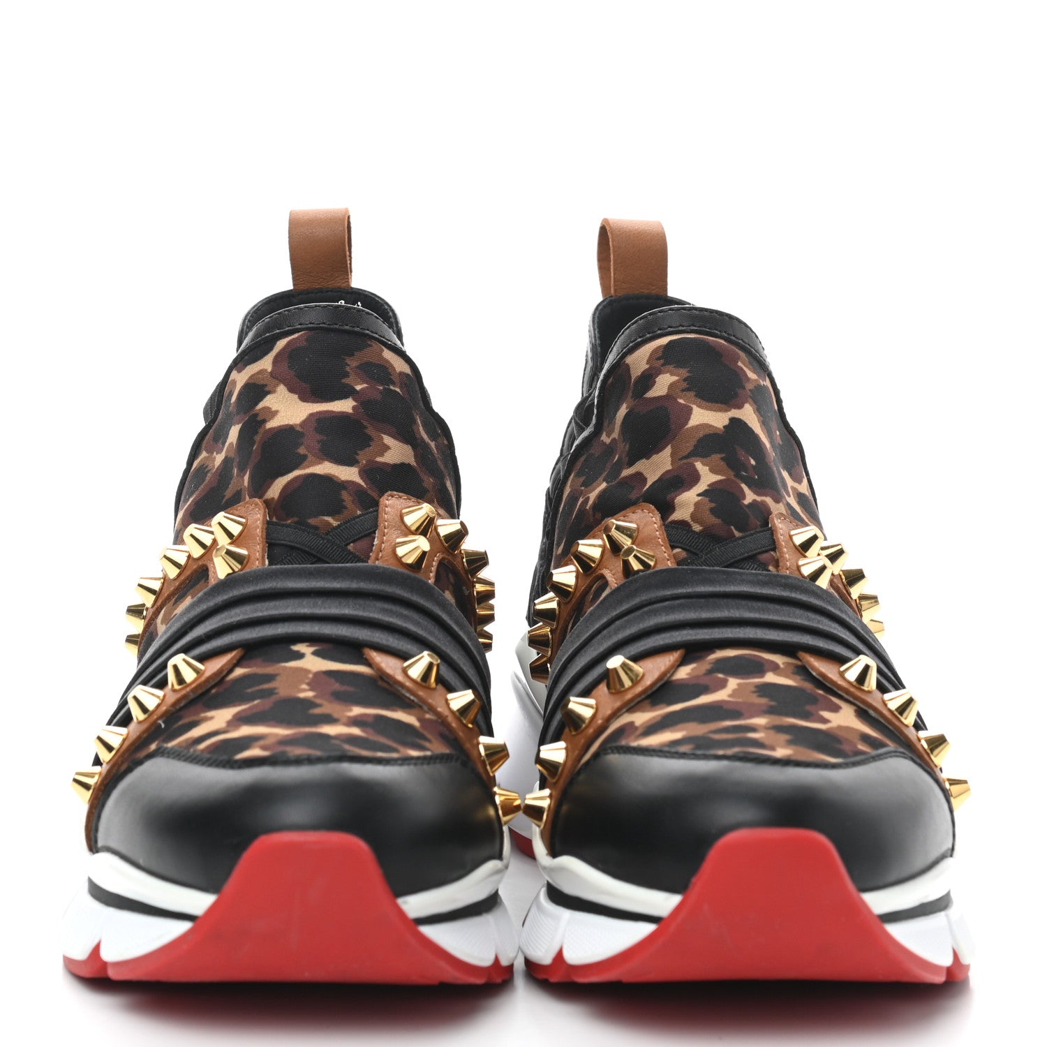 Christian Louboutin Calfskin Neoprene Leopard Studded Donna Flat Sneakers 38 Black Marron 2 of 9