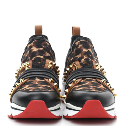 Christian Louboutin Calfskin Neoprene Leopard Studded Donna Flat Sneakers 38 Black Marron 2 of 9