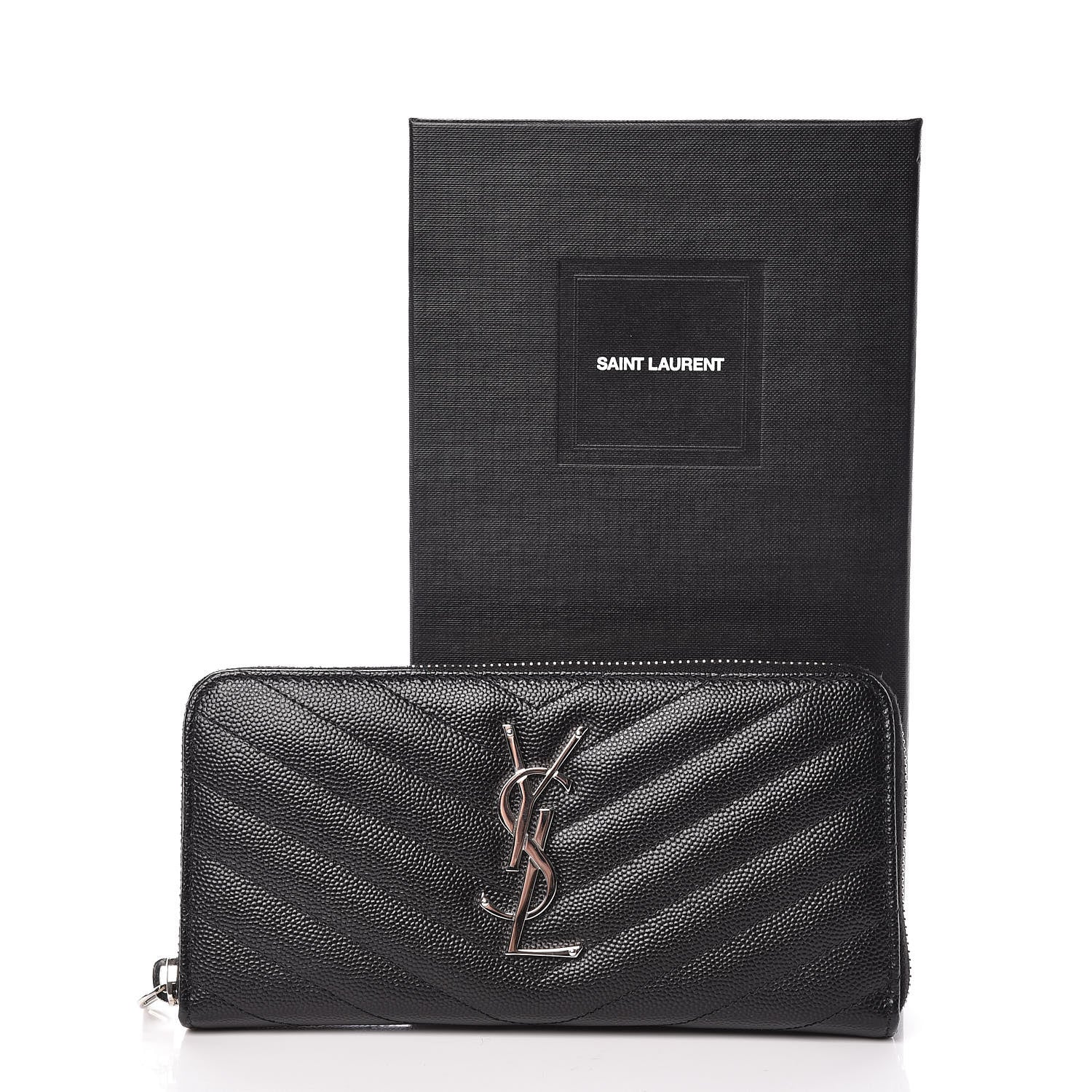 Saint Laurent Grain De Poudre Matelasse Chevron Monogram Zip Around Wallet Black 7 of 7