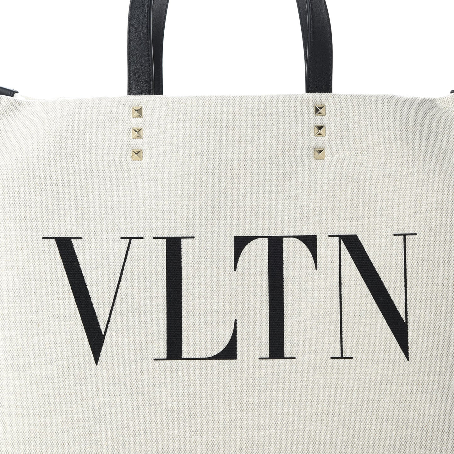 Canvas Calfskin VLTN Print Small Rockstud Tote Naturale Black