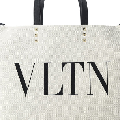 Valentino Garavani Canvas Calfskin VLTN Print Small Rockstud Tote Naturale Black 7 of 9