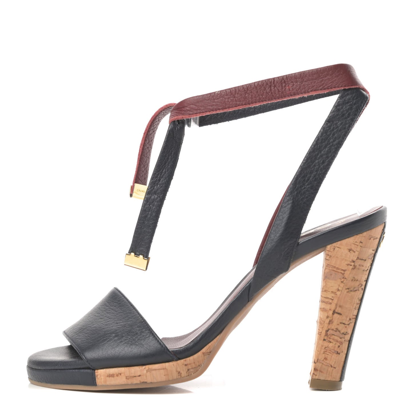 Calfskin Cork CC Ankle Strap Sandals 37.5 Black