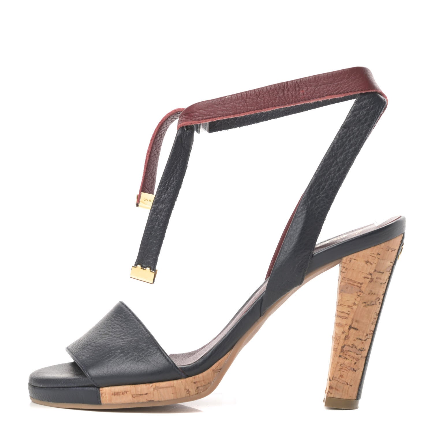 Chanel Calfskin Cork CC Ankle Strap Sandals 37.5 Black 1 of 11