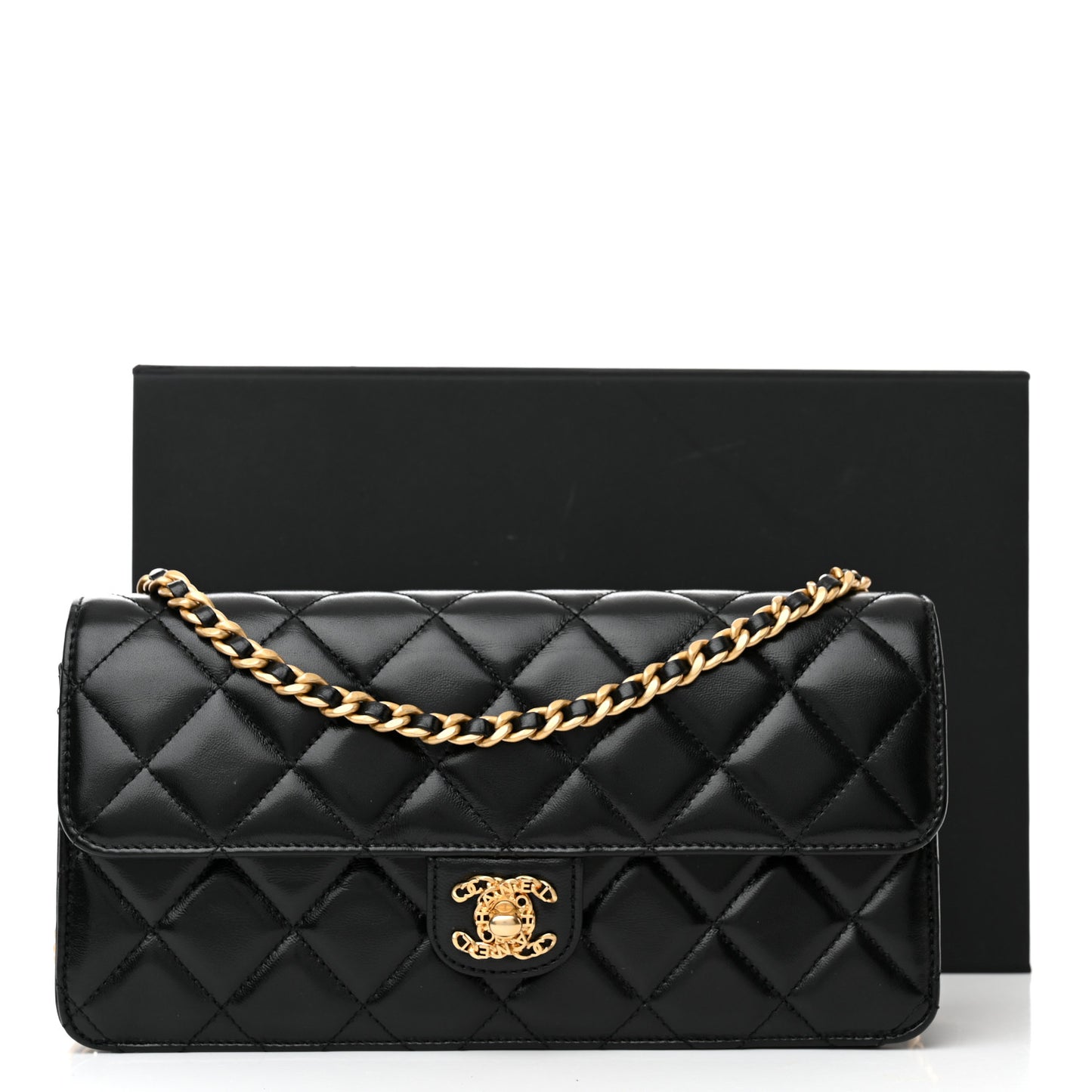 Shiny Lambskin Quilted Flap Clutch Bag Black