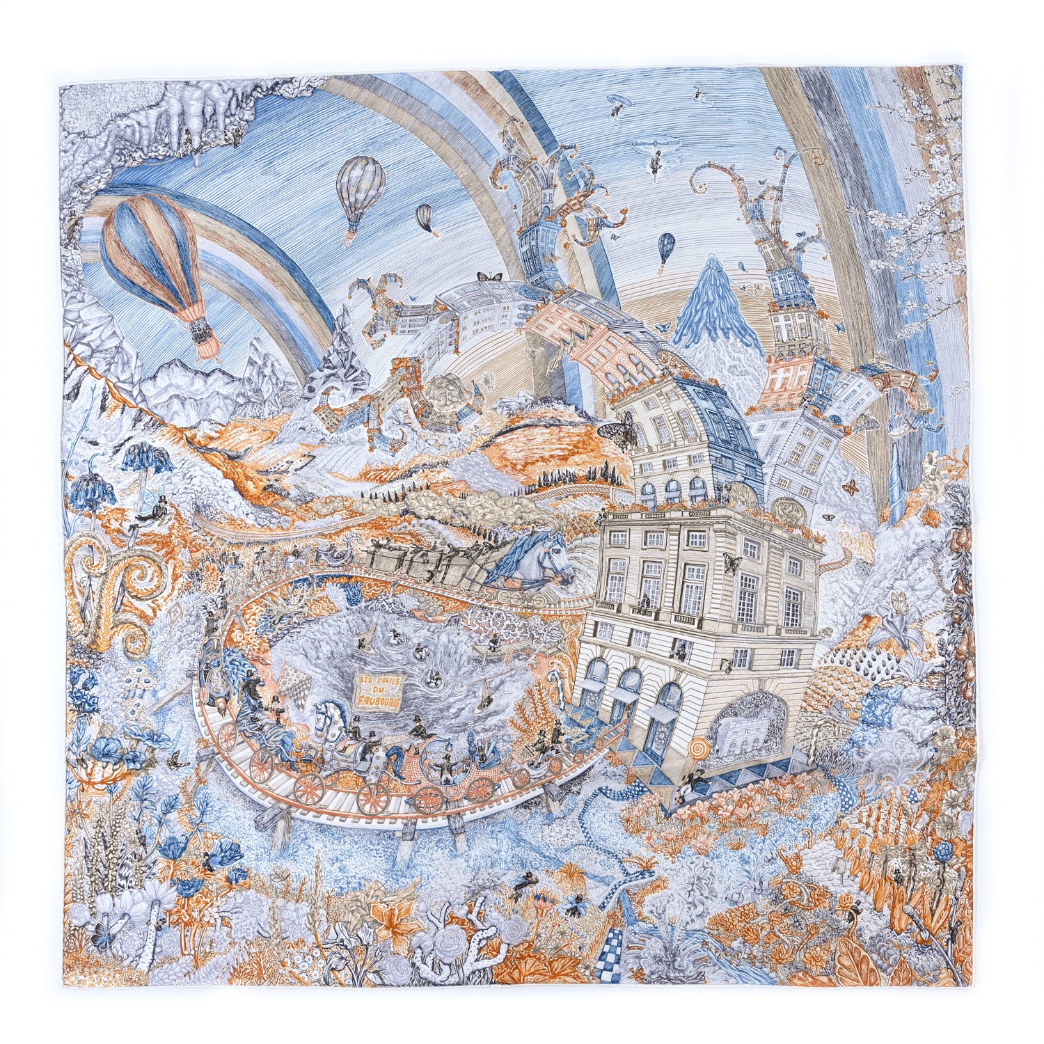 Hermes Silk Les Folies Du Faubourg Scarf 90 Bleu Jean Anthracite Cannelle 1 of 3
