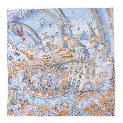 Hermes Silk Les Folies Du Faubourg Scarf 90 Bleu Jean Anthracite Cannelle 1 of 3