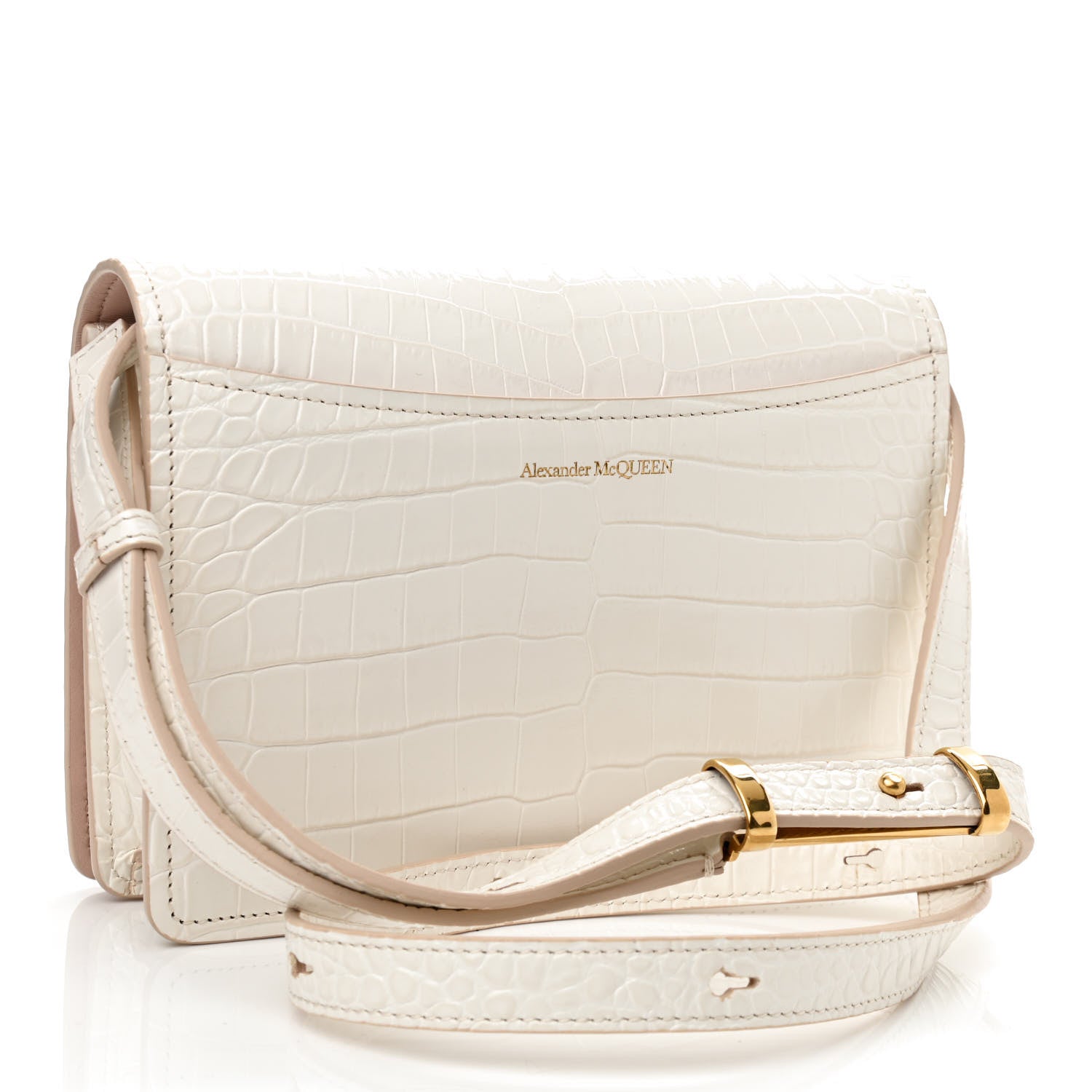 Alexander McQueen Crocodile Embossed Calfskin Four Ring Knuckle Crossbody Bag Soft Ivory 3 of 12