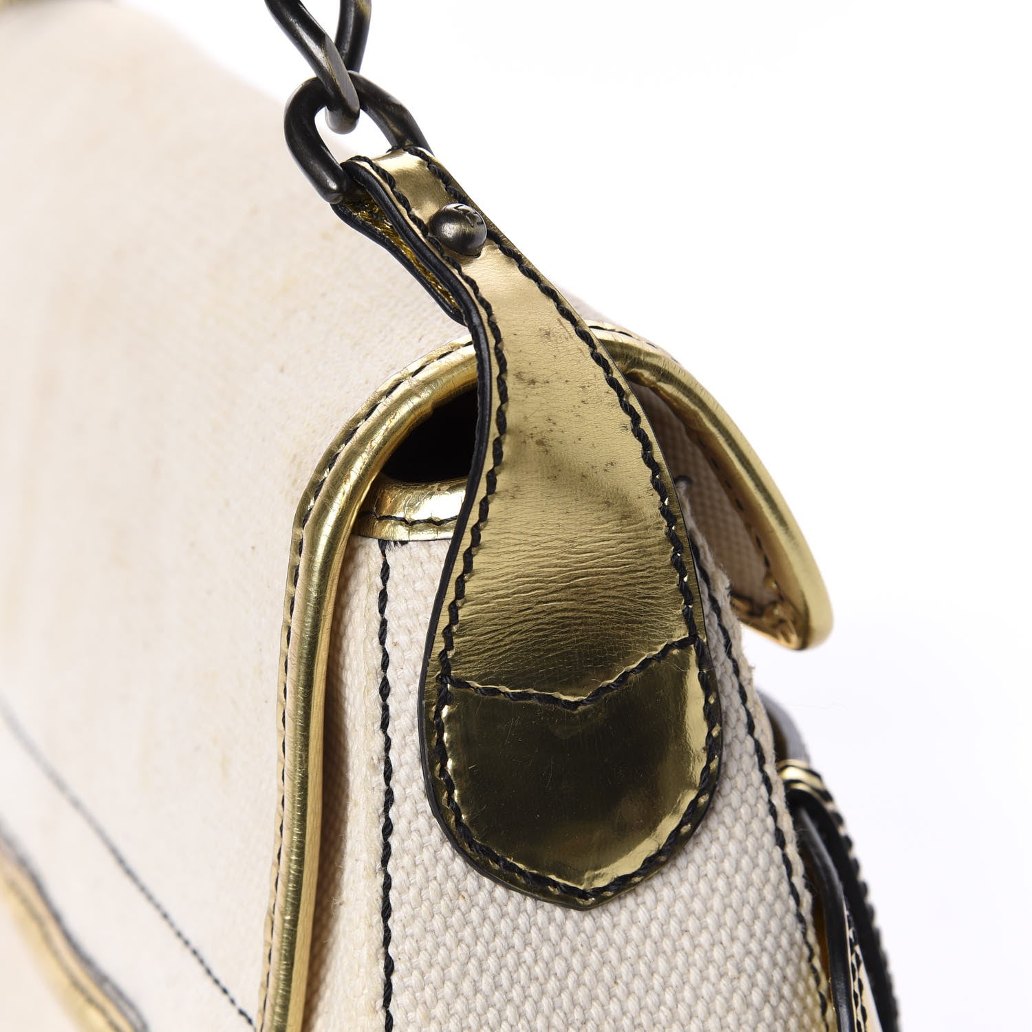 Fendi Canvas Metallic Calfskin B Bis Flap Bag Natural Gold 14 of 17