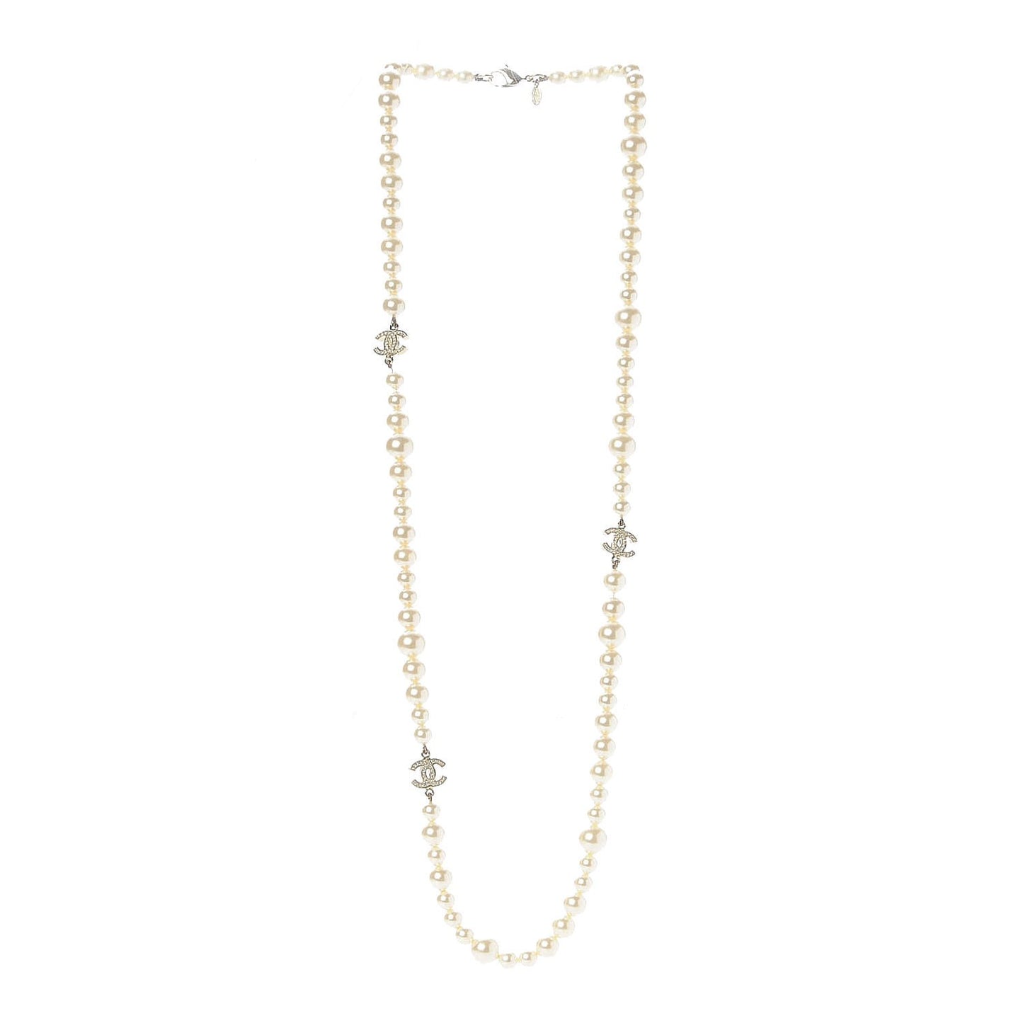 Pearl Baguette Crystal CC Long Necklace Gold